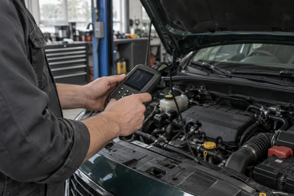 Illustrative scene of a mechanic inspecting a stationary car in an independent workshop.